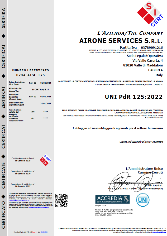 Certificazione gestione parita di genere Airone Services PC024A-AISE-125 Rev 0 del 10-05-2022 - Italy